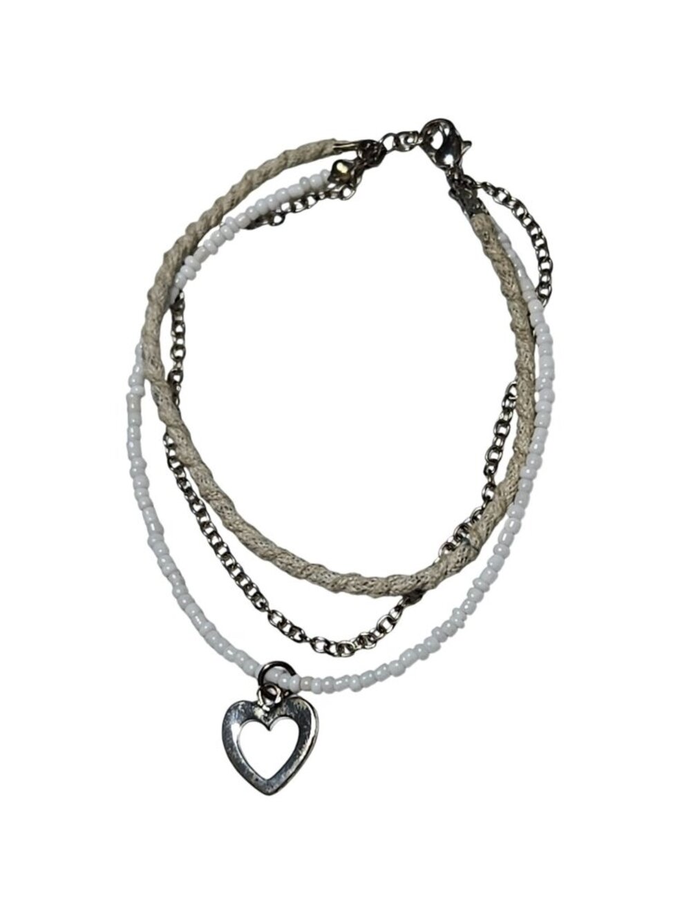 Handmade Beaded Heart Charm Bracelet Multilayer White Beads Twine Rope Love